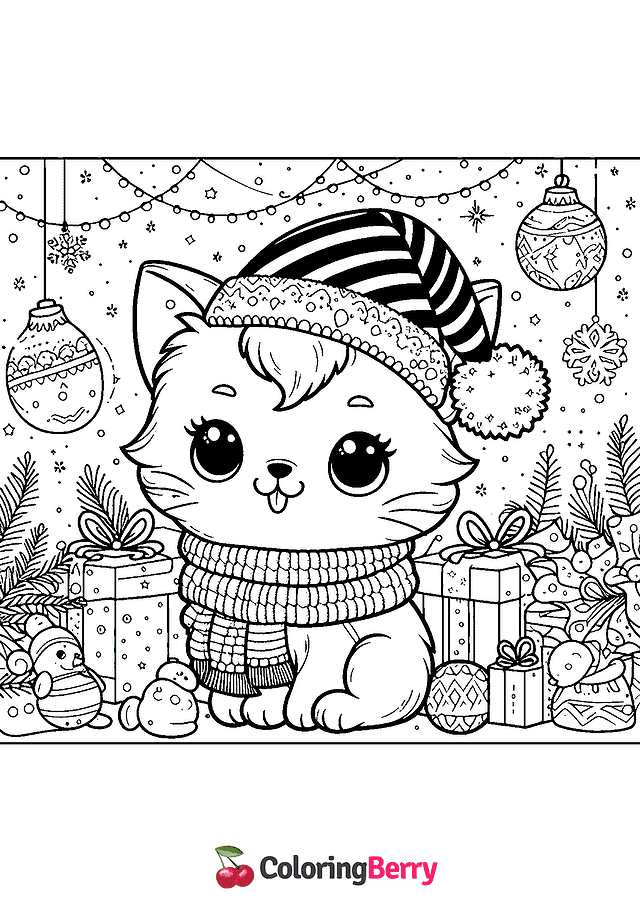 Kitty Cat Christmas Coloring Page