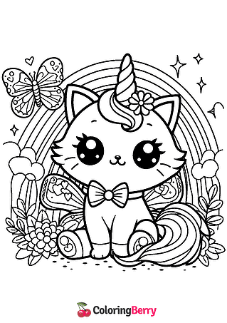 Kitty Unicorn Rainbow Butterfly Coloring Page