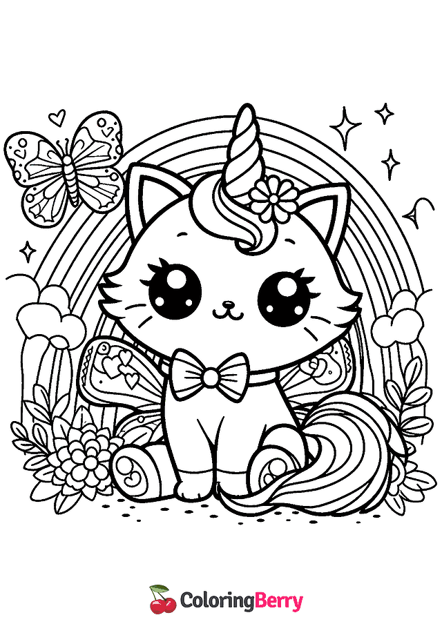 Kitty Unicorn Rainbow Butterfly Coloring Page