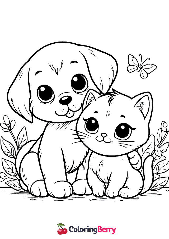 Puppy and Kitty Coloring Page