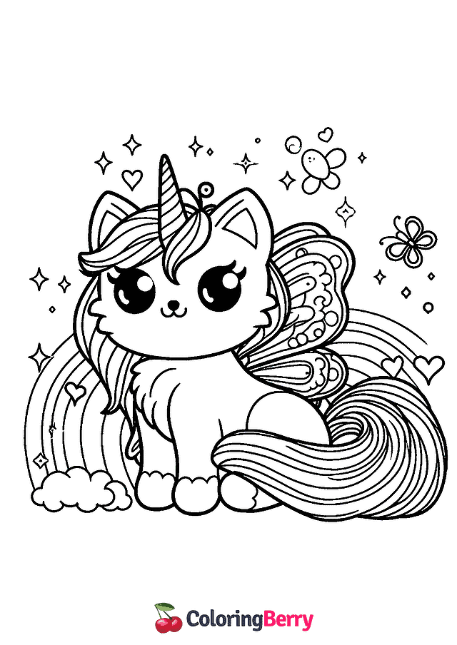 Rainbow Butterfly Kitty Unicorn Coloring Page