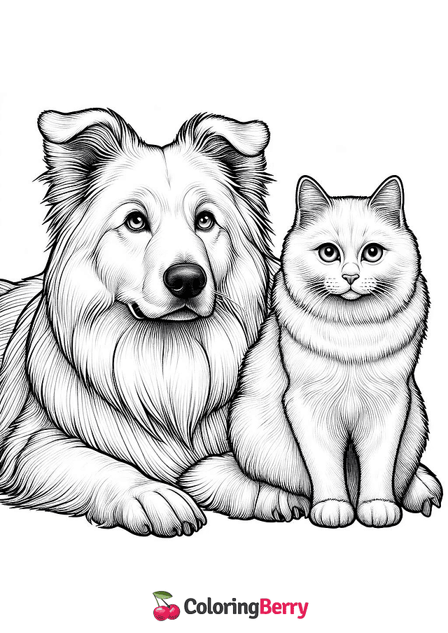 Realistic Dog and Cat Coloring Page