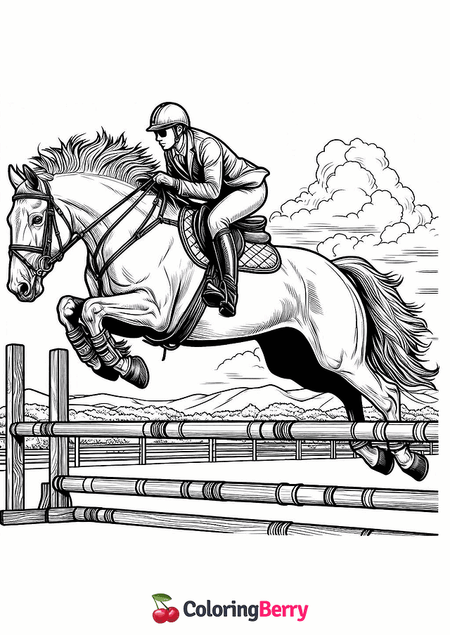 Realistic Horse and Rider Coloring Page