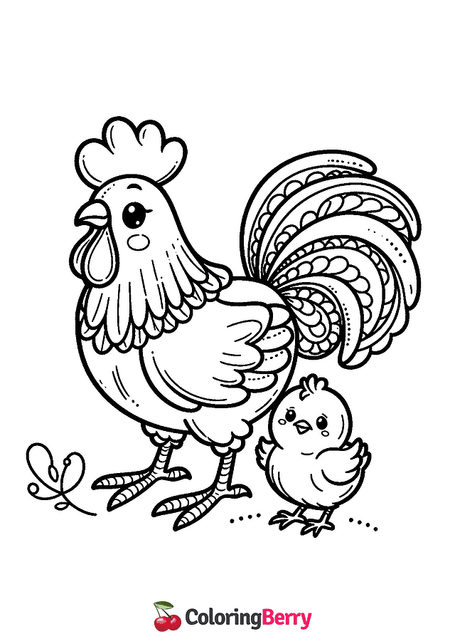 Rooster and Chick Coloring Page