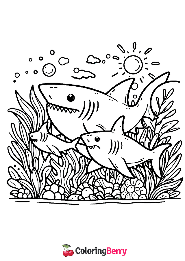 Shark Family Coloring Page