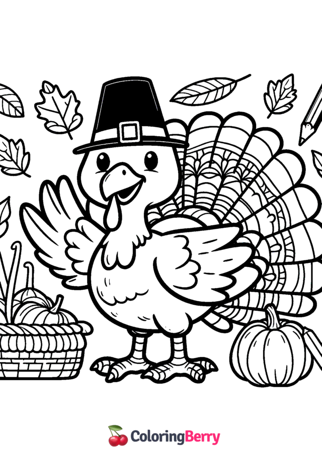 Thanksgiving Turkey with Harvest Coloring Page