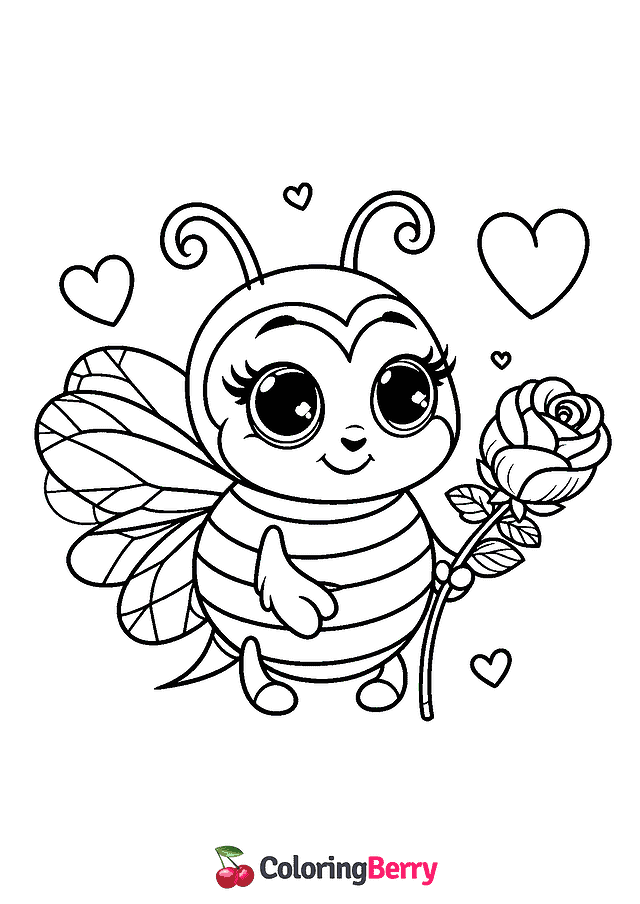 Valentine Bee Coloring Page