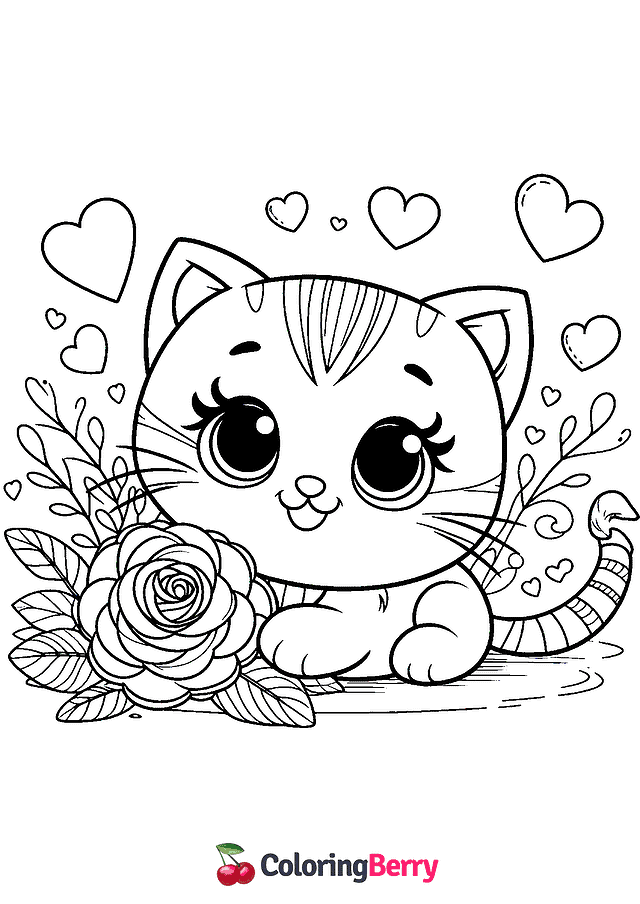 Valentine Cat Coloring Page