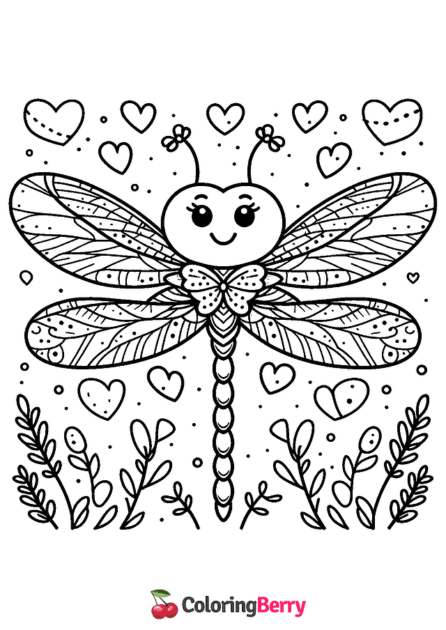 Valentine Dragonfly Coloring Page