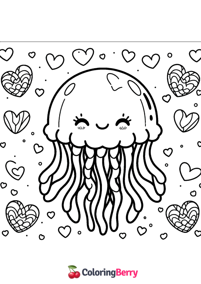 Valentine Jellyfish Coloring Page