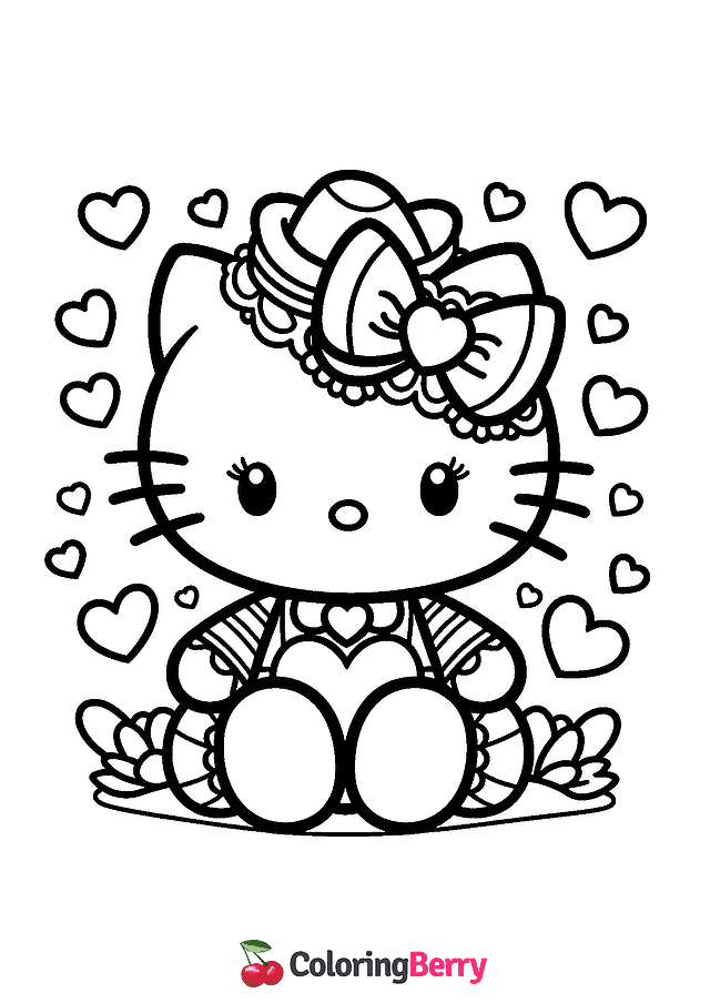 Valentine Kitty Coloring Page