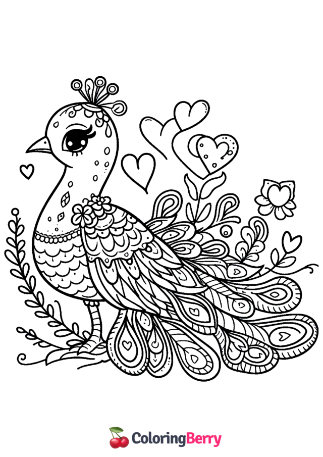 Valentine Peacock Coloring Page