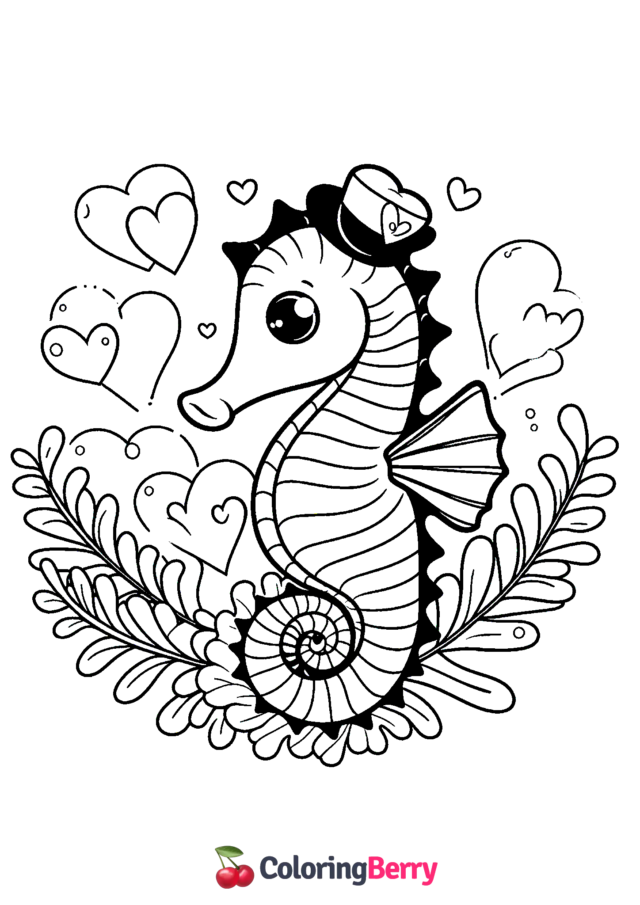 Valentine Seahorse Coloring Page