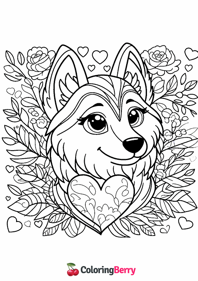 Valentine Wolf Coloring Page