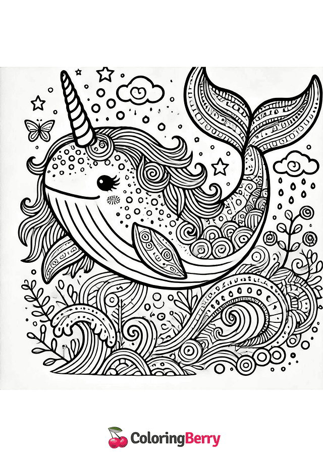 Whale Unicorn Coloring Page