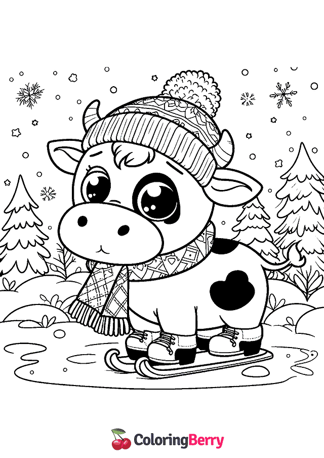 Winter Cow Coloring Page